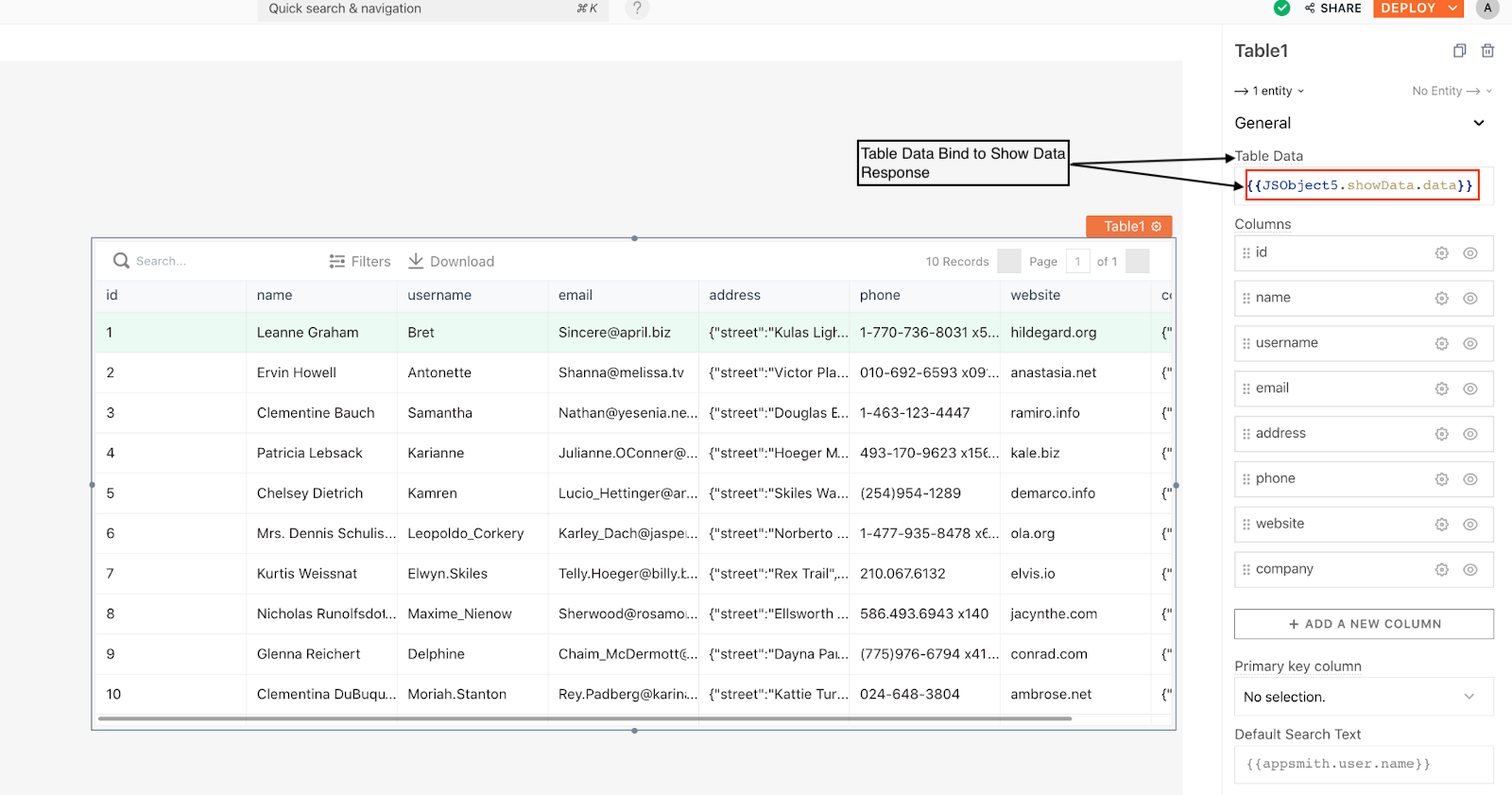 showData function called on page load